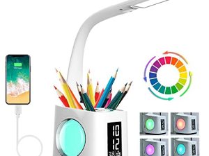 wanjiaone Study LED Desk Lamp with USB Charging Port&Screen&Calendar&Color Night Light