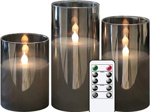 GenSwin Gray Glass Battery Operated Flameless Led Candles with 10-Key Remote and Timer