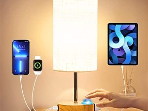 YUESUO 【Upgraded】 Bedside Lamp Touch Control Table Lamp with USB A+C Charging Ports & AC Outlet 3-Way Dimmable Nightstand Lamp with Linen Fabric Shade for Bedroom Living Room(E26 Light Bulb Included)