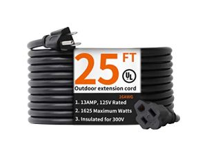 25 Feet Outdoor Extension Cord Waterproof Deep Black 16 AWG 3 Prong