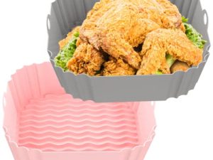 OUTXE 2-Pack Square Silicone Air Fryer Liners 8 inch for 4 to 7 QT Reusable Air Fryer Pot Air Fryer Inserts for Oven Microwave Accessories (Grey+Pink)