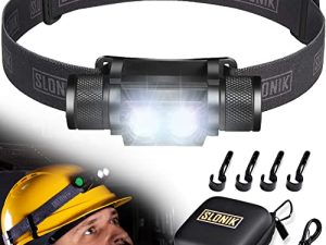 SLONIK Headlamp Rechargeable - 1000 Lumen LED USB Rechargeable Headlight w/ 2200 mAh Battery - IPX8 Waterproof Head Lamp with Bright 60 ft Flashlight Beam - Hiking & Outdoor Camping Gear