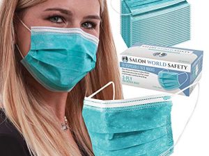 TCP Global Salon World Safety - Sealed Dispenser Box of 50 Aqua Face Masks Breathable Disposable 3-Ply Protective PPE with Nose Clip and Ear Loops