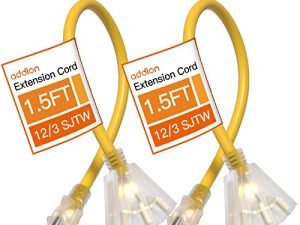 2 Pack 1.5 Feet Outdoor Extension Cord Splitter 12AWG with 3 Outlet SJTW Waterproof Yellow 3 Prong