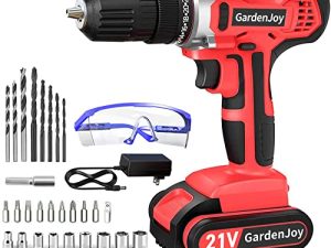 GardenJoy Cordless Power Drill Set: 21V Electric Drill with Fast Charger 3/8-Inch Keyless Chuck 2 Variable Speed 24+1 Torque Setting Power Tools Kit and 30pcs Drill/Driver Bits